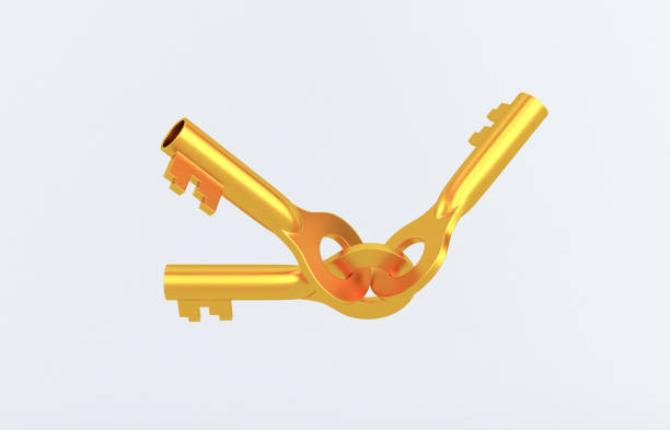 istock Old rusty golden door keys isolated on white. 3D rendering 1217199314