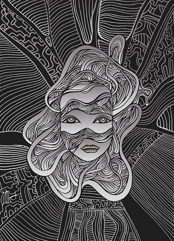 Steampunk cyborg face girl art, isolated gradien metallic color silver grey outline on dark background. Surreal fantastic doodle style woman. Vector hand drawn creative illustration.