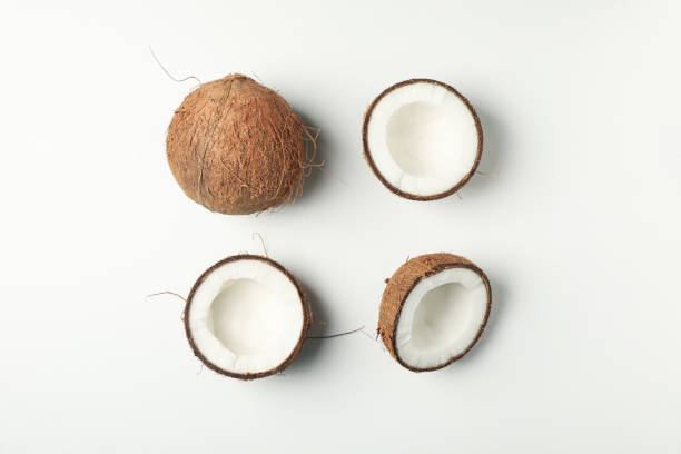 istock Flat lay with coconut on white background, top view 1217202595
