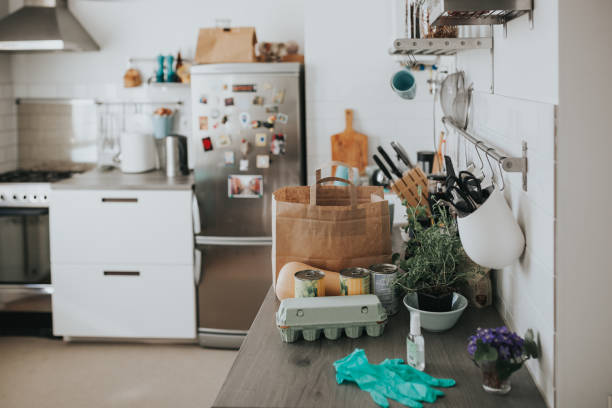 istock Kitchen counter with groceries, protective gloves and disinfectant spray 1217202708