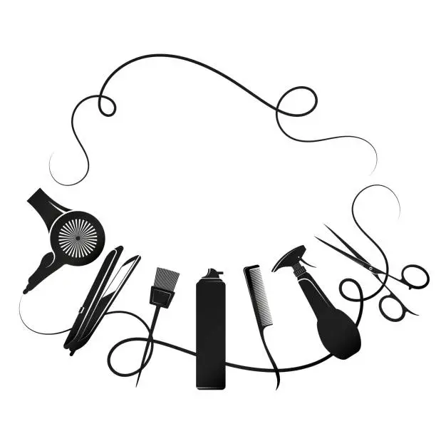 Vector illustration of Hair curls and tool for hair stylist silhouette