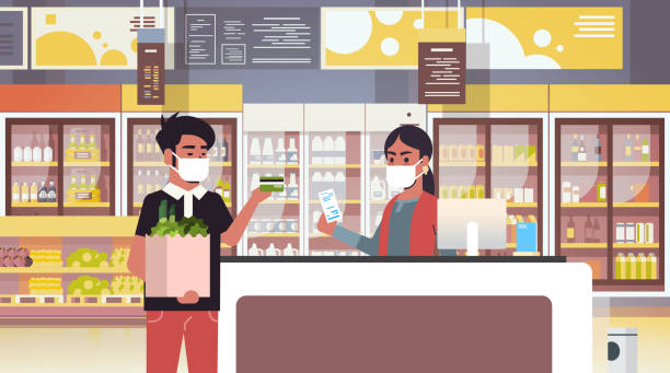 indian cashier and man customer in medical protective masks quarantine coronavirus epidemic concept people buying goods in grocery store supermarket interior portrait horizontal indian cashier and man customer in medical protective masks quarantine coronavirus epidemic concept people buying goods in grocery store supermarket interior portrait horizontal vector illustration retail clerk illustrations stock illustrations