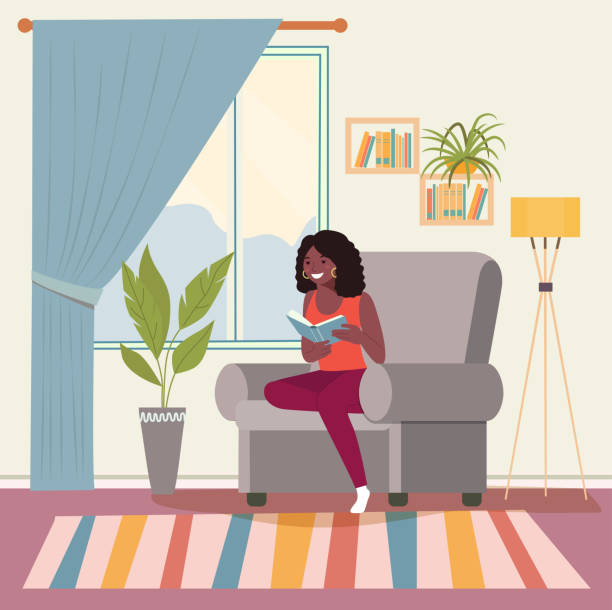 ilustrações de stock, clip art, desenhos animados e ícones de happy young afro american woman is relaxing on comfortable chair and reading book. vector flat illustration - woman with glasses reading a book