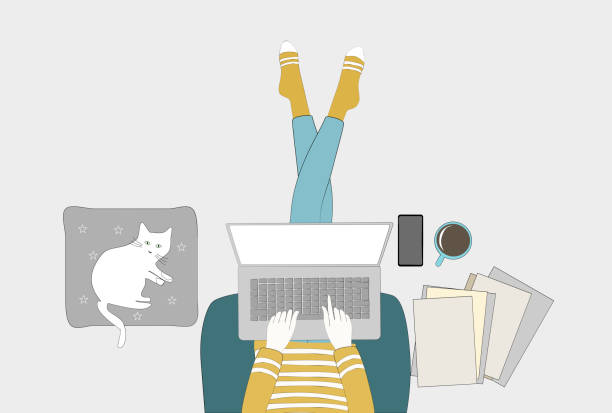 A person using a computer at home Flat design vector illustration.Stay at home.Freelancer concept directly above illustrations stock illustrations