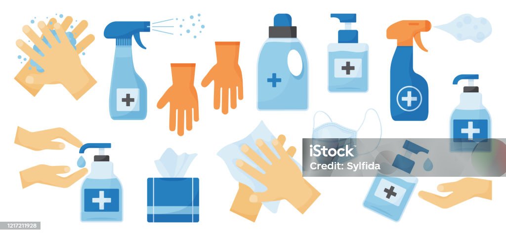 Disinfection. Hand hygiene. Set of hand sanitizer bottles, face medical mask, washing gel, spray, wet wipes, liquid soap, rubber gloves, napkins. Vector Disinfection. Hand hygiene. Set of hand sanitizer bottles, face medical mask, washing gel, spray, wet wipes, liquid soap, rubber gloves, napkins. Vector illustration Disinfection stock vector