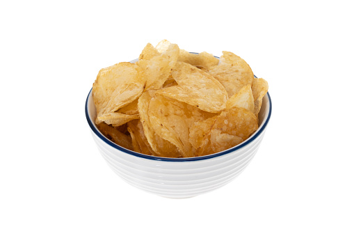 Bowl of potato chips - white background