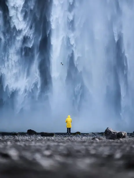 Tourist on the Skogafoss waterfall background. Travelling on Iceland. Tourist in the famouns place in Iceland. Travel - image