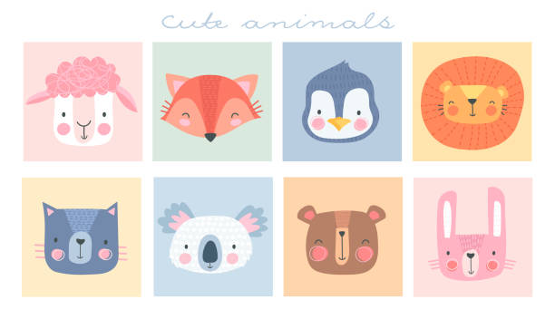 귀여운 간단한 동물 초상화 - animal animal themes illustration and painting animal head stock illustrations