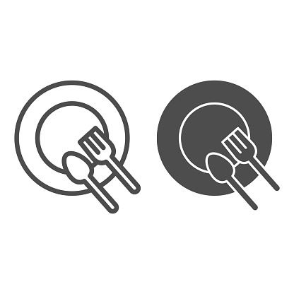 Plate and cutlery line and solid icon. Dinner place with spoon and fork outline style pictogram on white background. Empty restaurant dish for lunch for mobile concept and web design. Vector graphics