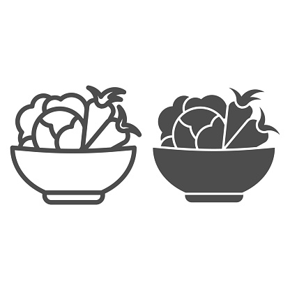 Cabbage and carrots in a plate line and solid icon. Healthy vegetables in bowl outline style pictogram on white background. Fresh greens for mobile concept and web design. Vector graphics