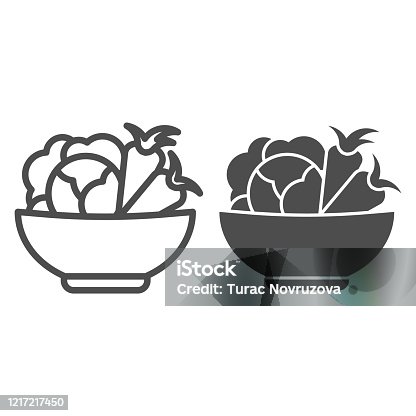 istock Cabbage and carrots in a plate line and solid icon. Healthy vegetables in bowl outline style pictogram on white background. Fresh greens for mobile concept and web design. Vector graphics. 1217217450