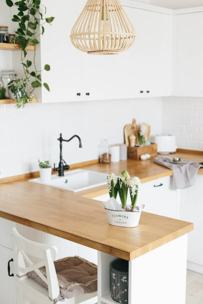 Modern white u-shaped kitchen in scandinavian style. Spring decoration spring flowers