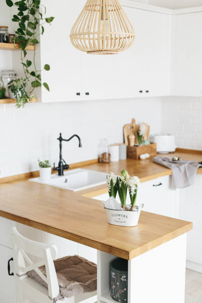 Modern white u-shaped kitchen in scandinavian style. Spring decoration spring flowers stock photo