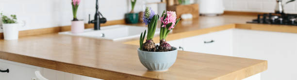 istock Modern white u-shaped kitchen in scandinavian style. Spring decoration spring flowers 1217218320