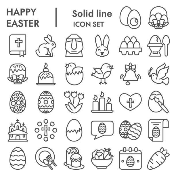 Easter line icon set, Happy spring holiday symbols set collection or vector sketches. Easter signs set for computer web, the linear pictogram style package isolated on white background, eps 10. Easter line icon set, Happy spring holiday symbols set collection or vector sketches. Easter signs set for computer web, the linear pictogram style package isolated on white background, eps 10 egg symbols stock illustrations