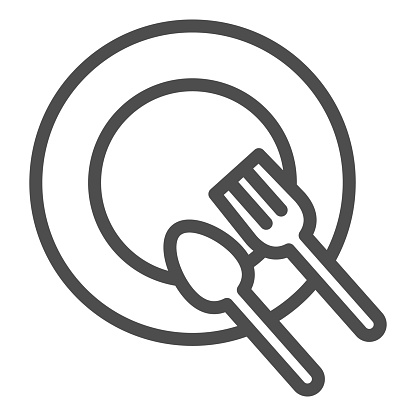 Plate and cutlery line icon. Dinner place with spoon and fork outline style pictogram on white background. Empty restaurant dish for lunch for mobile concept and web design. Vector graphics