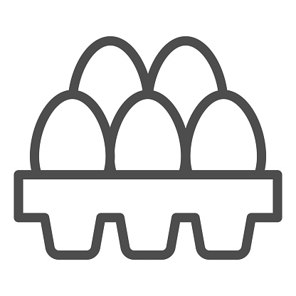 Packaging of fresh eggs line icon. Five egg in carton package outline style pictogram on white background. Chicken eggs in paper carton tray box for mobile concept and web design. Vector graphics