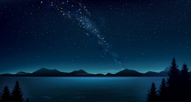 Night mountain landscape and the Milky Way Background night above sea.Night mountain landscape and the Milky Way. Panoramic wide banner. Nature. Vector graphics. star sky night island stock illustrations