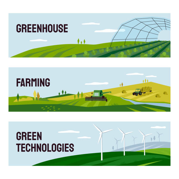ilustraciones, imágenes clip art, dibujos animados e iconos de stock de banderas de la agricultura, invernadero, tecnologías verdes - agriculture field tractor landscape