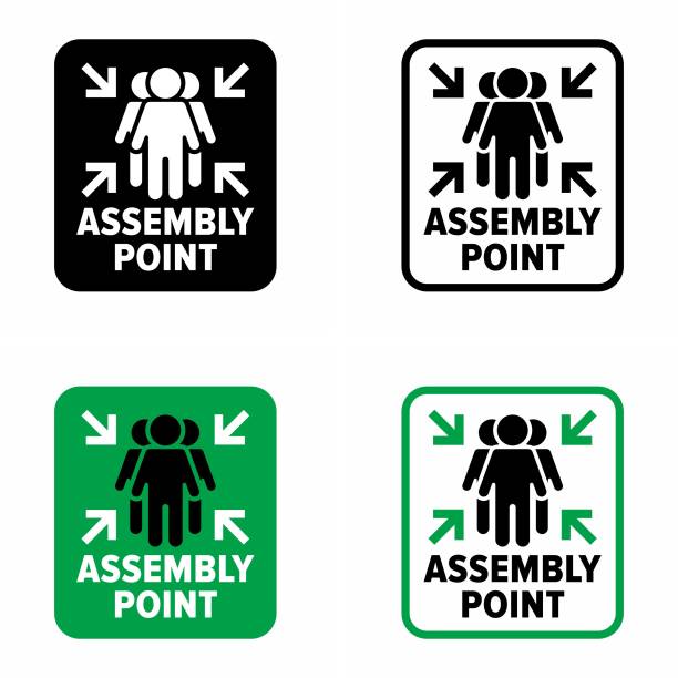 ilustrações de stock, clip art, desenhos animados e ícones de "assembly point" geographically defined meeting place information sign - school hall