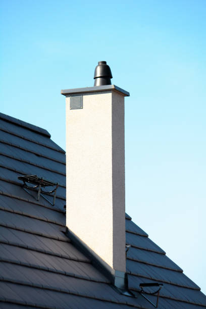 istock Roof with chimney, modern ceramic tile 1217227425