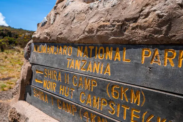 Kilimanjaro National Park Tanzania. Shira camp sign.