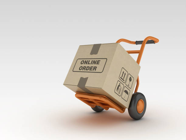 istock Hand Truck and Cardboard Boxes with ONLINE ORDER - 3D Rendering 1217228225