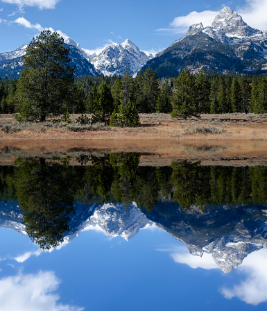 Reflection, Mirror Lake Reflection, Teton Range of Grand Teton National Park in the U.S. state of Wyoming