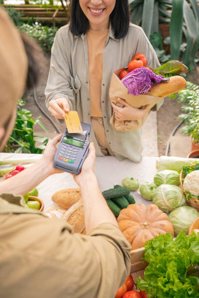 Putting credit card to terminal while paying for products