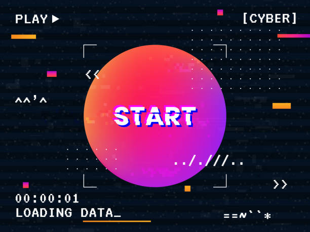 Retro futuristic glitch. Cyberpunk start concept with abstract geometric shapes. Futuristic composition with color round element. Old computer game poster. Vector illustration Retro futuristic glitch. Cyberpunk start concept with abstract geometric shapes. Futuristic composition with color round element. Old computer game poster. Vector illustration. video game banners stock illustrations