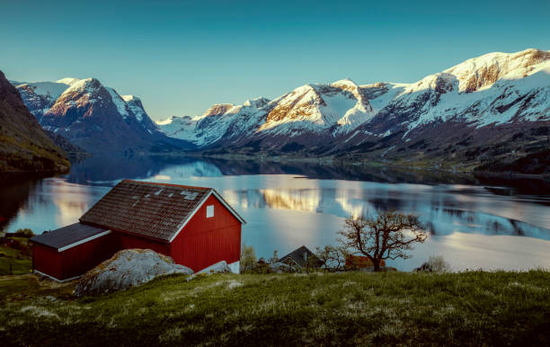 Scenic view of white houses village near the  lake in Norway