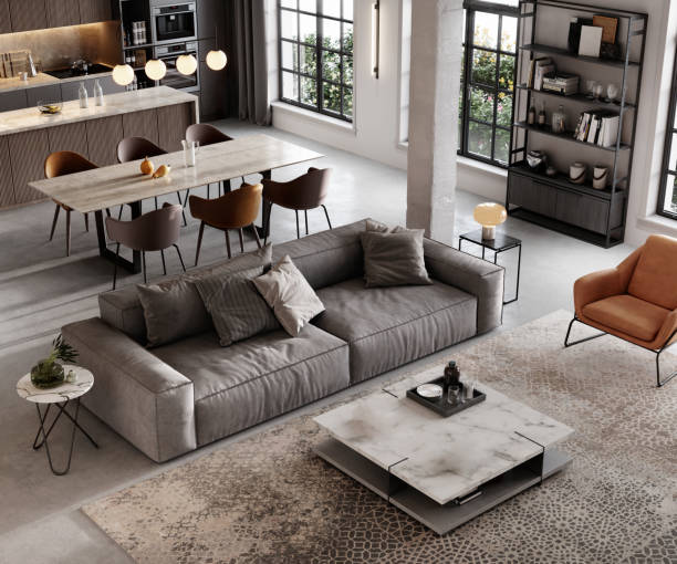 Well furnished living room render 3D rendering of a well furnished living room. Large and luxurious interiors of a modern living room with lounge area and dining space. carpet cushion stock pictures, royalty-free photos & images