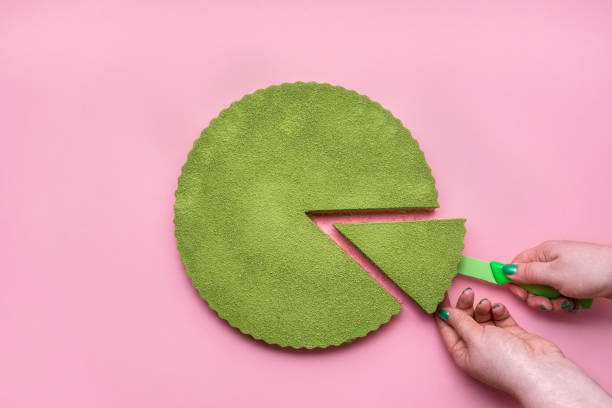 Matcha cheesecake flat lay. Woman hands taking cake slice
