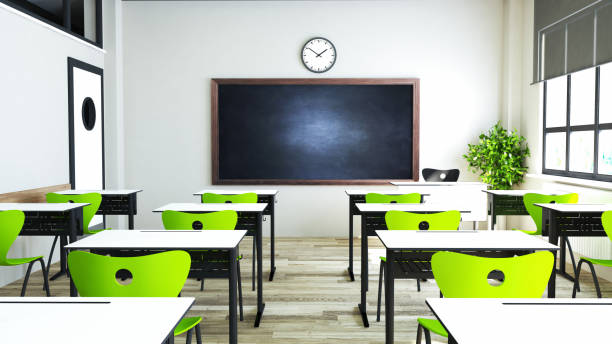 istock Classroom design with modern green seat and desk 3D rendering 1217237255