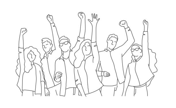 People raised arms Line drawing illustration of happy friends or students raised arms. happiness drawings stock illustrations