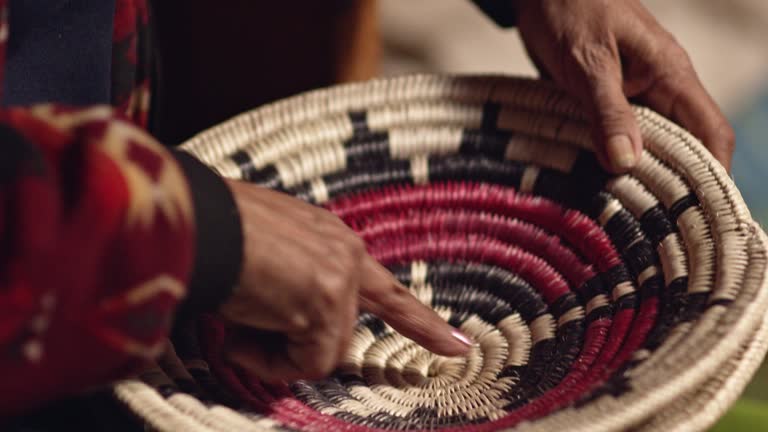 A Native American (Navajo) Woman in Her Sixties Discusses a Woven Navajo Basket while Touching It