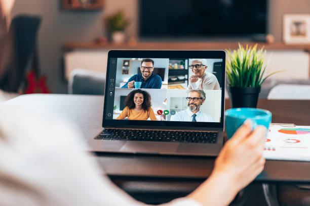 Business team in video conference Modern Multiethnic business team having discussion and online meeting in video call attending photos stock pictures, royalty-free photos & images