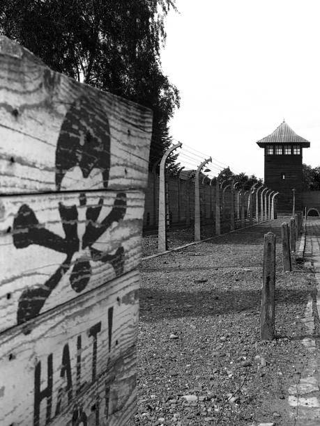 Auschwitz concentration camp in Poland. Red brick buildings. Sunny day.