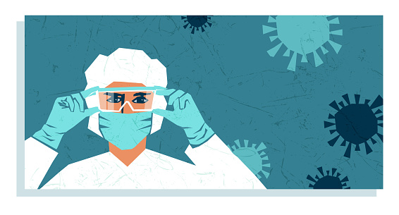 Hospital medical staff wearing PPE, personal protective equipment to care for coronavirus covid 19 patients during pandemic. Poster or banner template design with space for text.