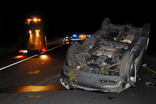 Max Meadow, Virginia, USA- 10.29.2022: overturned and damage truck. road accident, crash