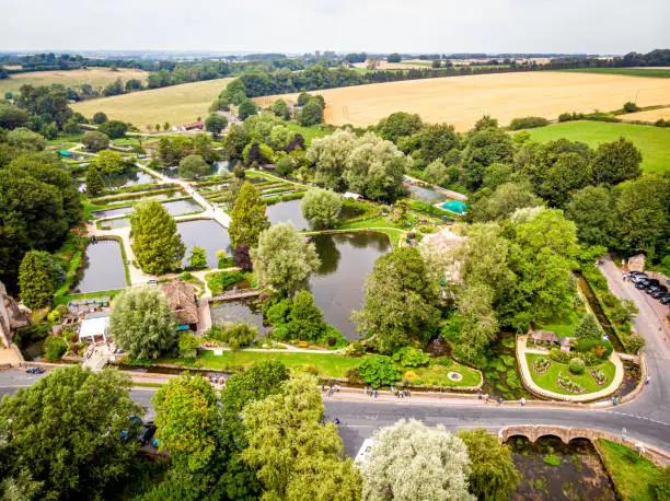 Aerial view of trout farm in Bibury, England