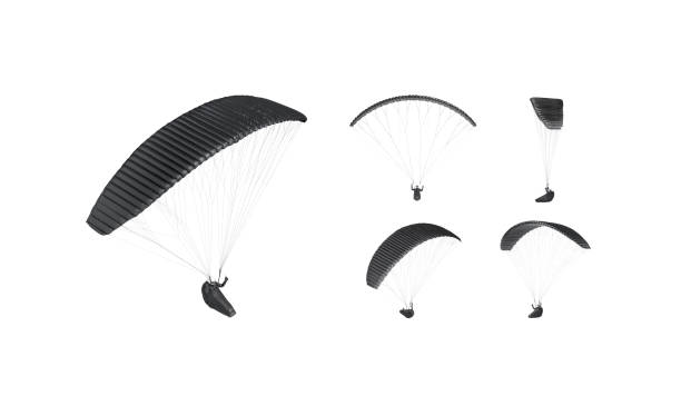 Blank black paraglider with person in harness mockup, different views, 3d rendering. Empty gliding canvas with pilot control mock up, isolated. Clear free-flying parachute mokcup template.