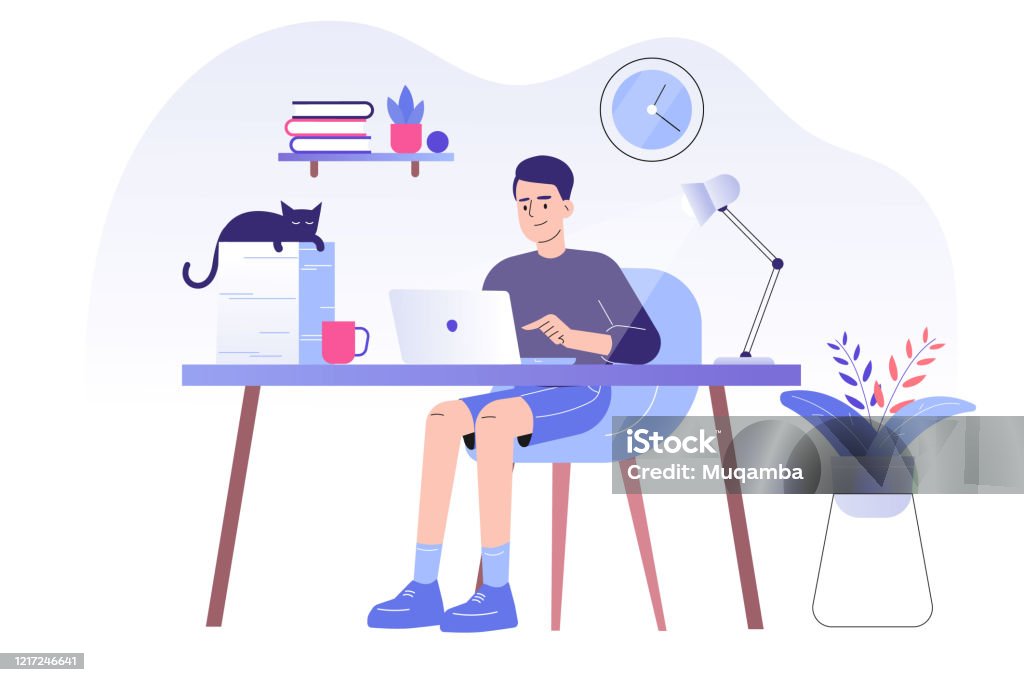 Young man or freelancer sitting on her a desk with cat and working online with a laptop at home illustration. Social distancing and self-isolation during corona virus quarantine. Vector illustration Working At Home stock vector
