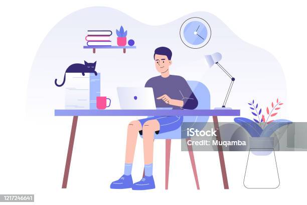 Young Man Or Freelancer Sitting On Her A Desk With Cat And Working Online With A Laptop At Home Illustration Social Distancing And Selfisolation During Corona Virus Quarantine Vector Illustration Stock Illustration - Download Image Now