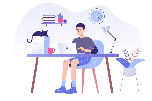 Vector illustration of Young man or freelancer sitting on her a desk with cat and working online with a laptop at home illustration. Social distancing and self-isolation during corona virus quarantine. Vector illustration