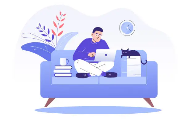 Vector illustration of Young man or freelancer sitting on sofa with cat and working online with a laptop at home illustration. Social distancing and self-isolation during corona virus quarantine. Vector illustration