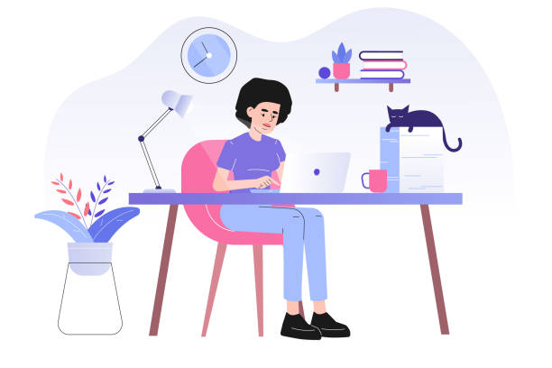 Young woman or freelancer sitting on her a desk with cat and working online with a laptop at home illustration. Social distancing and self-isolation during corona virus quarantine. Vector illustration vector art illustration
