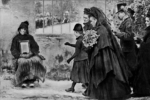 All Saints’ Day by Émile Friant (circa 19th century). Vintage etching circa late 19th century.