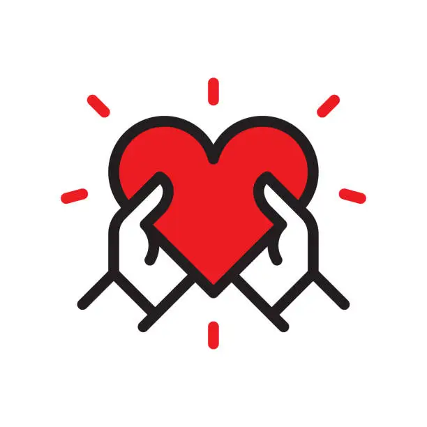 Vector illustration of Heart in hands line icon