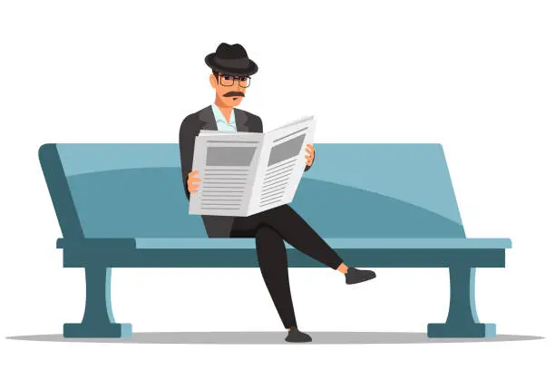 Vector illustration of Man reading newspaper on bench isolated on white